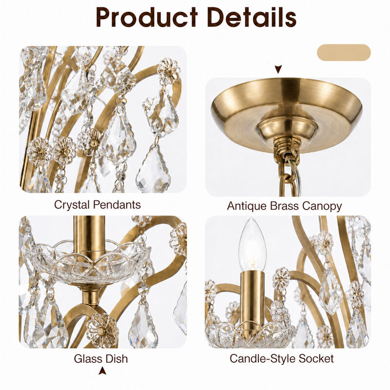 Crystal Chandelier with Brass Finish, Modern Glam 6-Light Ceiling Fixture image number 4