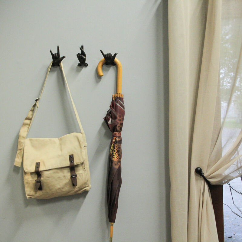 Set of 3 Brown Cast Iron Hand Gesture Wall Hooks image number 7