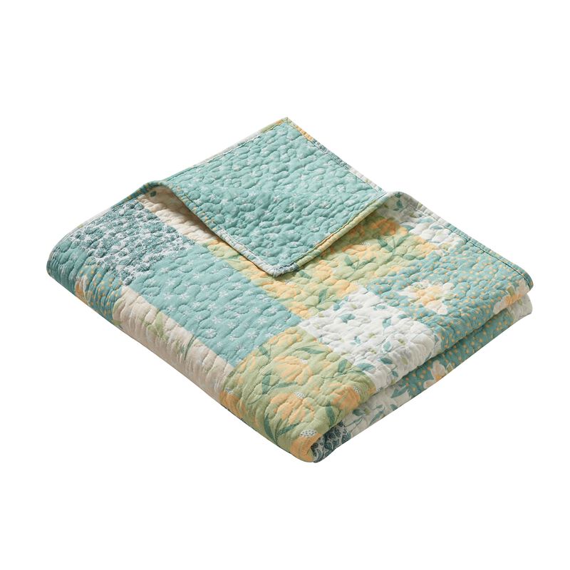 Evane Quilted Throw Blanket with Floral Design, Mist Blue and White Cotton - Benzara