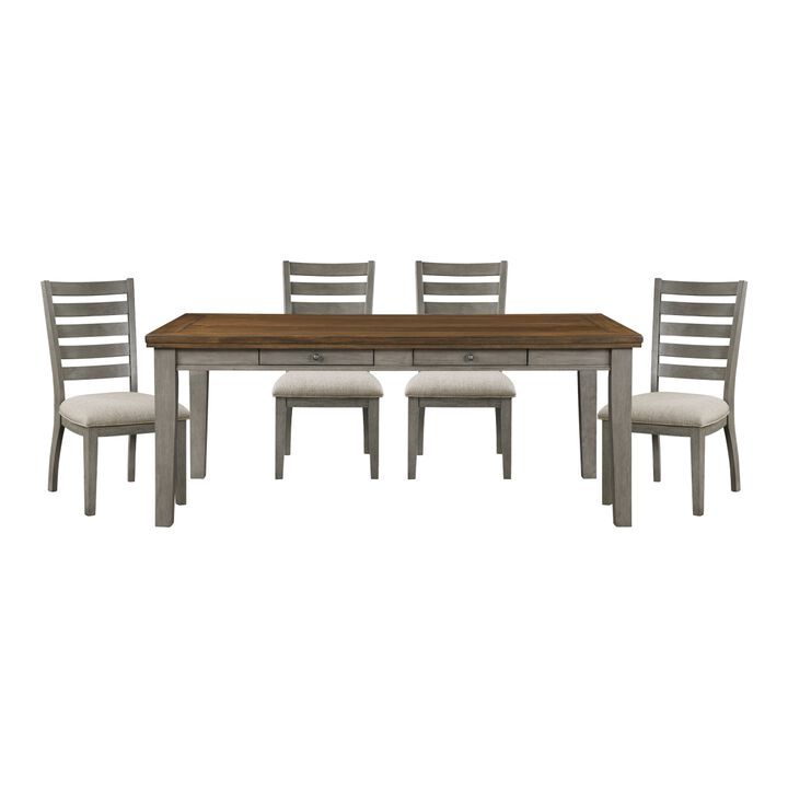Gray Finish Traditional Style 5pc Dining Set Drawers Table and 4x Side Chairs Ladder Back Design Wooden Furniture
