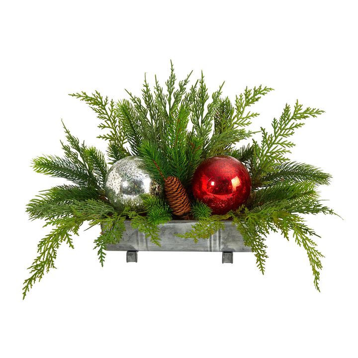Nearly Natural 18-in Holiday Winter Cedar Pine Artificial Table Christmas Arrangement with Ornaments, Home Décor