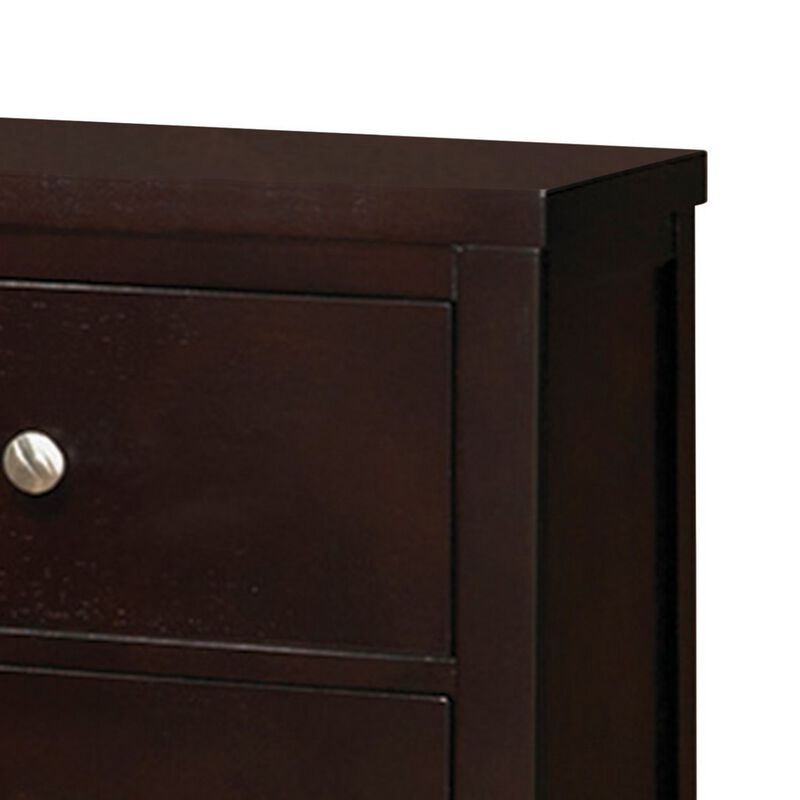 Con 26 Inch Modern 2 Drawer Nightstand, Silver Knobs, Cappuccino Brown-Benzara