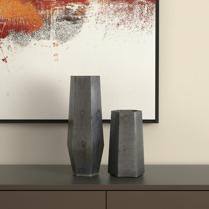 HomeRoots Set of Two Black Hexagonal Glass Table Vases
