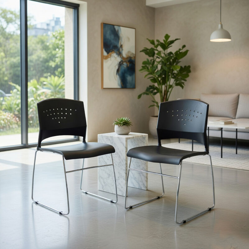 Anu Stack Chair Set of 2, Sculpted Black Polypropylene, Chrome Sled Base image number 8