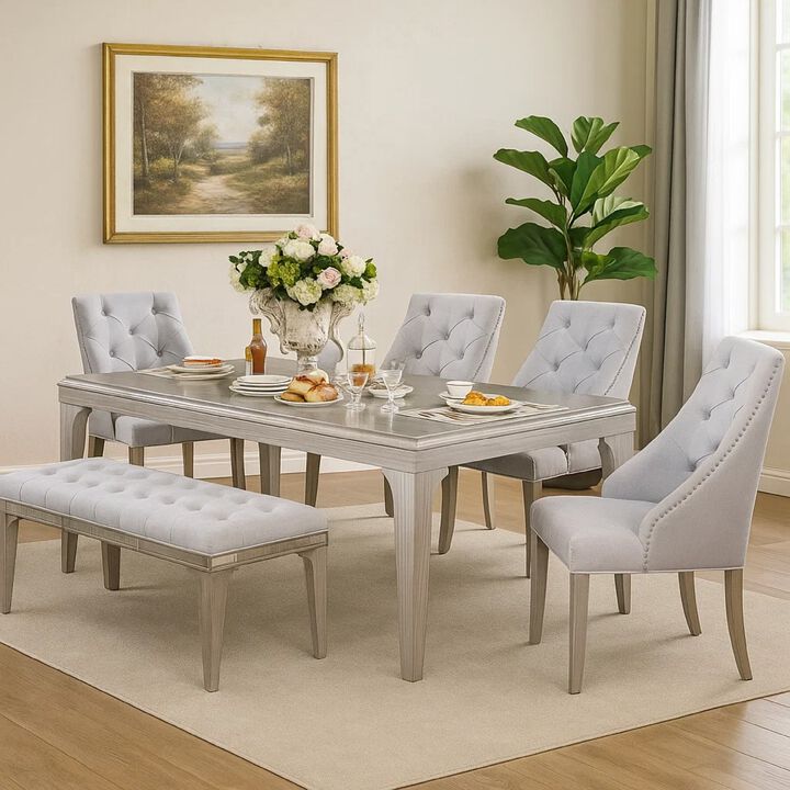 Jamie 6pc Dining Table Set with 4 Chairs and Bench, Silver-Light Gray