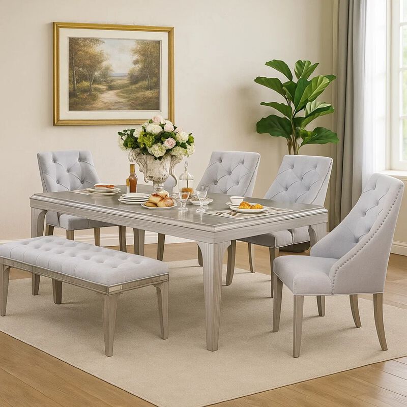 Jamie 6pc Dining Table Set with 4 Chairs and Bench, Silver-Light Gray image number 1