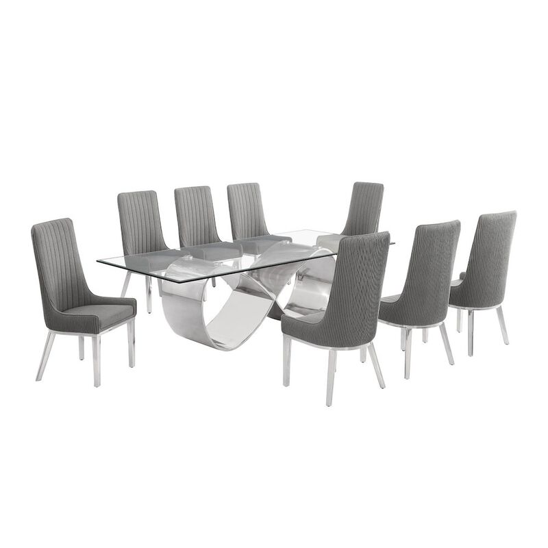 Best Quality Furniture 9Pc Tempered Glass Dining Set 8 Rich Gray Boucle Side Chairs And Silver Base
