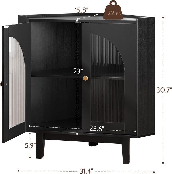 Floor Corner Cabinet, Fluted Storage Cabinet with Sliding Doors and Adjustable Shelves, Modern Wooden Freestanding Storage Organizer