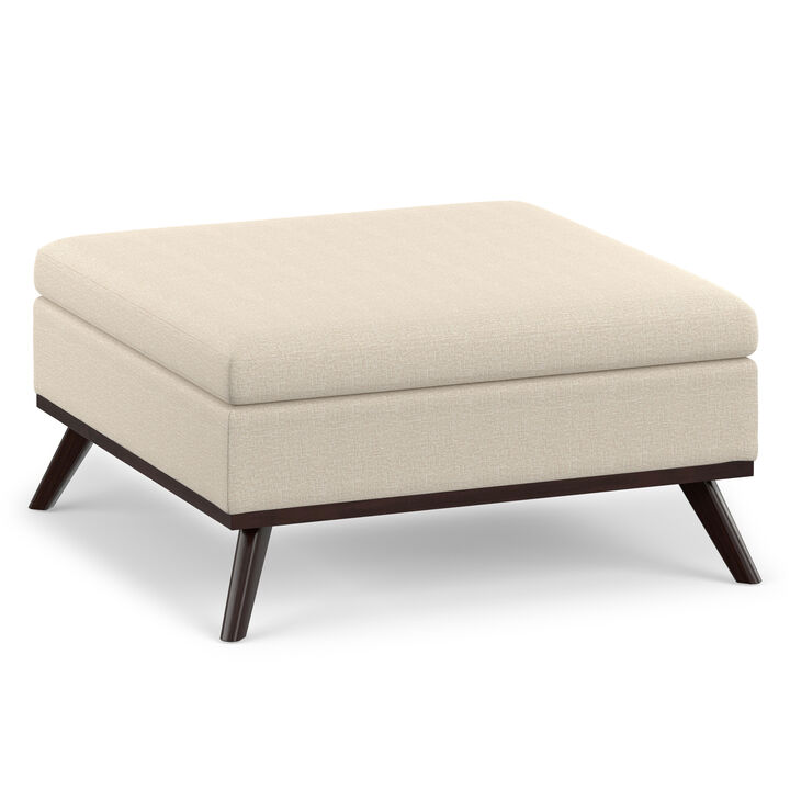 Owen 36 inch Wide Mid Century Modern Square Coffee Table Storage Ottoman in Natural Polyester Fabric, Assembled