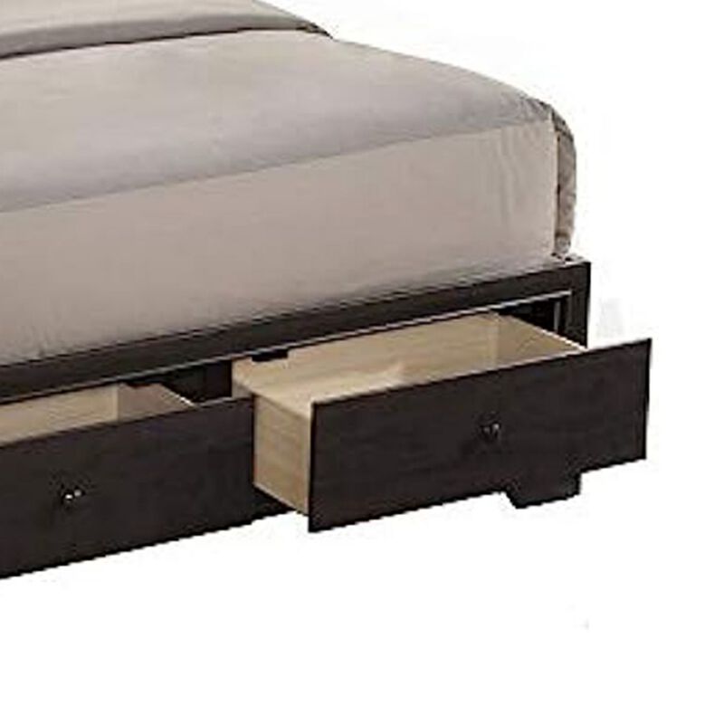Queen Size Bed with 4 Storage Drawers, Bookcase Headboard, Walnut Brown-Benzara