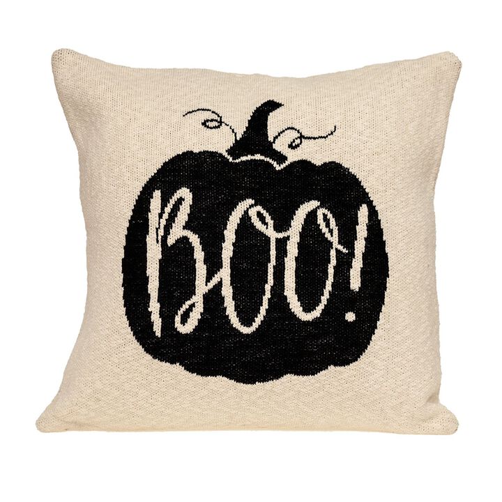 20" White and Black Knitted Pumpkin Boo Print Square Throw Pillow