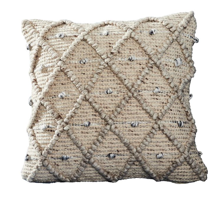 18 Inch Decorative Throw Pillow Cover, Beaded Diamond Design, Beige Fabric-Benzara