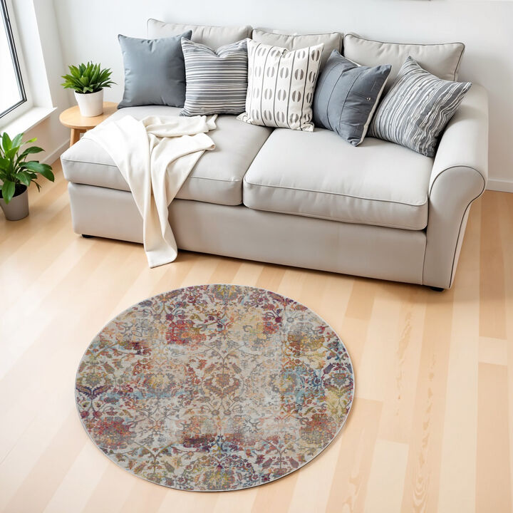 HomeRoots Floral Distressed Non Skid Round Rug