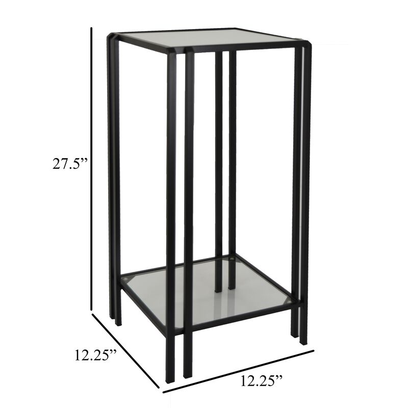 Buckley Plant Stand Table, Black Metal, Square Mirrored Top, 28 Inch - Benzara