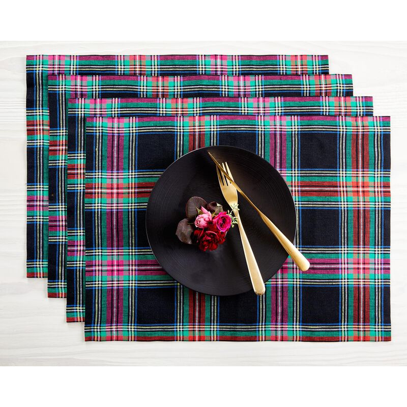 Solino Home 100% Pure Linen Placemats 14 x 19 Inch Set of 4 - Jewel Plaid