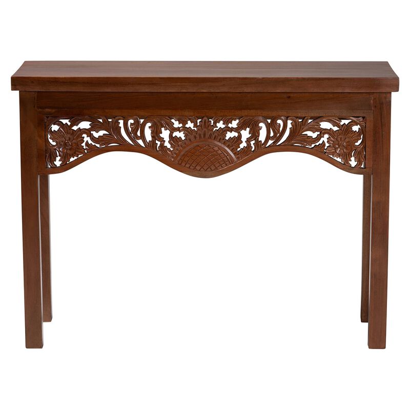 bali & pari Alannis Mahogany Wood Console Table - Accent Table with Carved Floral Apron for Entryway, Living Room, or Hallway image number 1