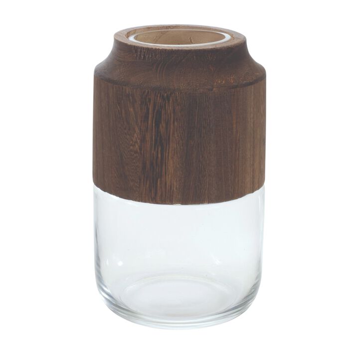 HomeRoots 9" Brown And Clear Glass Round Table Vase With Wood