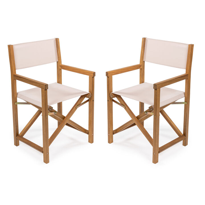 Cukor Classic Vintage Outdoor Acacia Wood Folding Director Chair with Canvas Seat, Beige/Teak Brown (Set of 2)