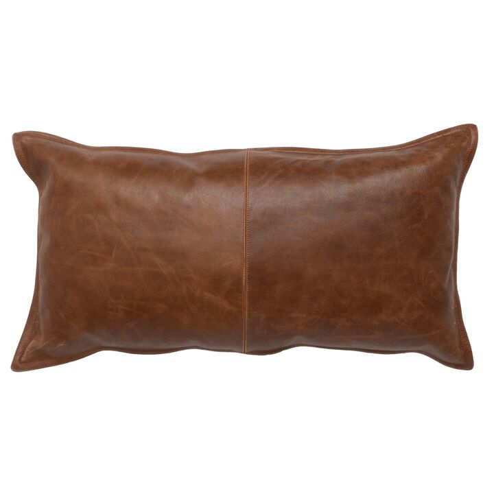 Leatherette Throw Pillow with Stitched Details and Flanged Edges, Brown - Benzara