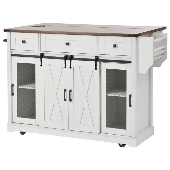 Merax Farmhouse Kitchen Island with Storage, Sliding Barn Door & Metal Grid Side Door