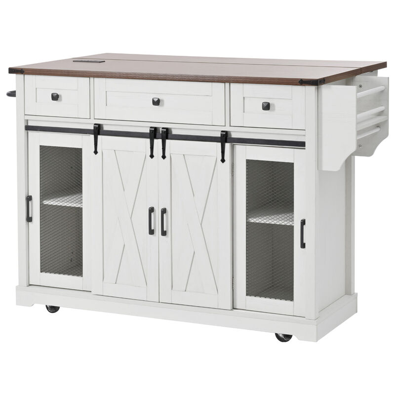 Merax Farmhouse Kitchen Island with Storage, Sliding Barn Door & Metal Grid Side Door image number 0