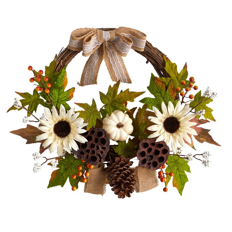 Hivvago 20" Autumn Sunflower, White Pumpkin and Dried Lotus Pod Artificial Fall Wreath with Decorative Bow