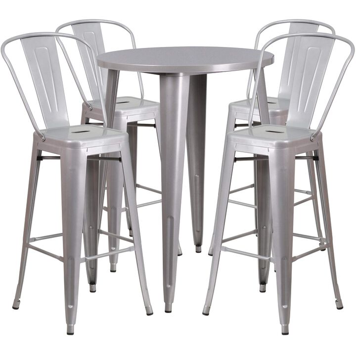 Flash Furniture Callum Commercial Grade 30" Round Silver Metal Indoor-Outdoor Bar Table Set with 4 Cafe Stools