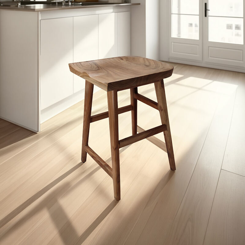 Tisa 24 Inch Backless Counter Height Stool, Handcrafted Saddle Seat in Natural Brown Acacia Wood image number 6