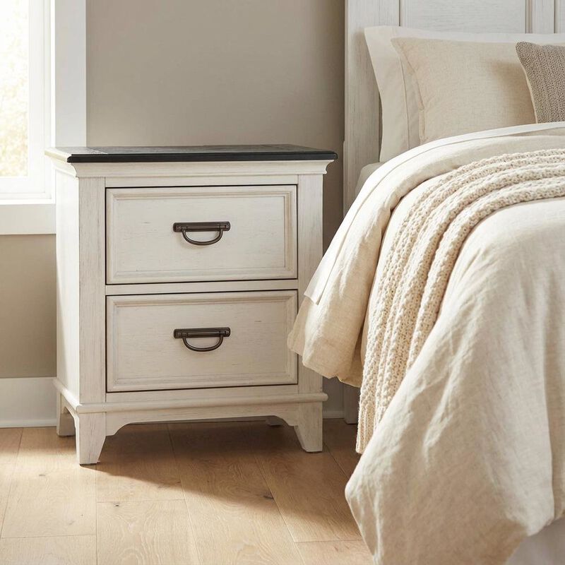 White Nightstand with Charging Station and Wirebrushed Finish image number 2