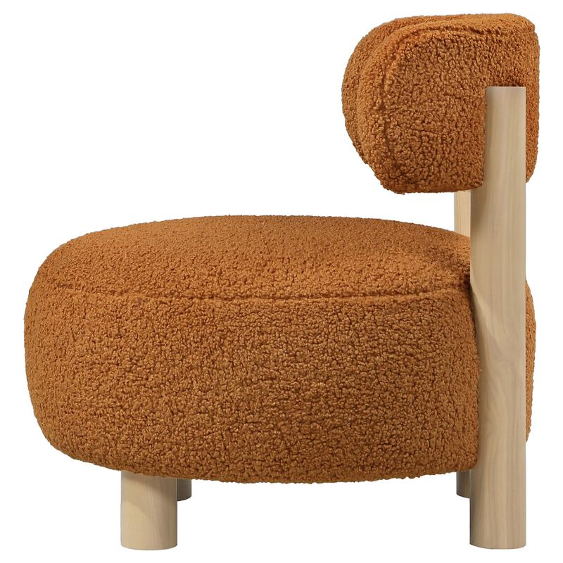 Zona Accent Chair, Barrel Back, Orange Boucle Fabric and Brown Wood - Benzara