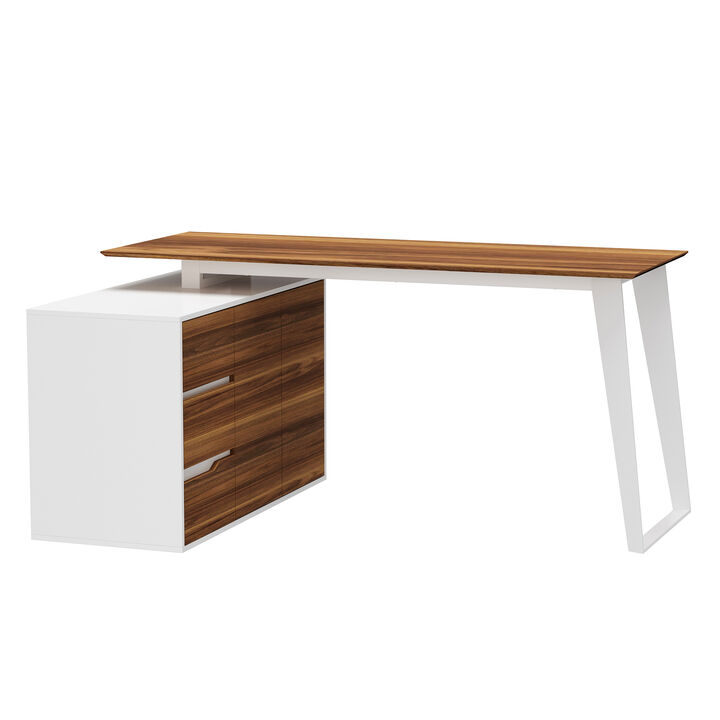 54.3 in. Reversible L-Shaped White Wood Writing Desk Office Workstation With Adjustable Shelves, Drawers, Doors Cabinet