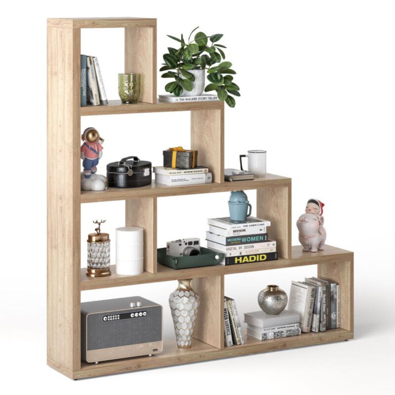 Hivago 6 Cubes Ladder Shelf Corner Bookshelf Storage Bookcase-Natural