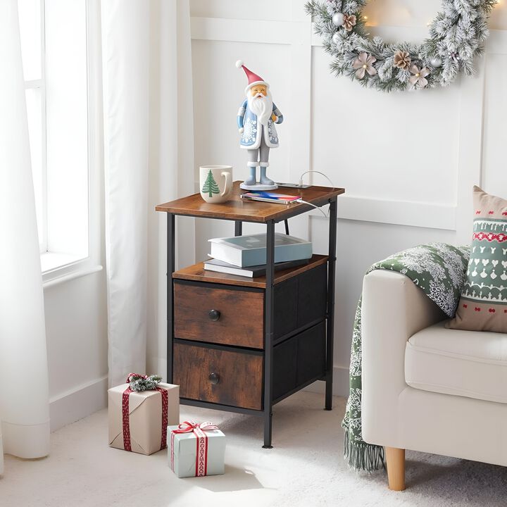 Narrow Side Table with Charging Station, Slim End Table with Storage Shelves