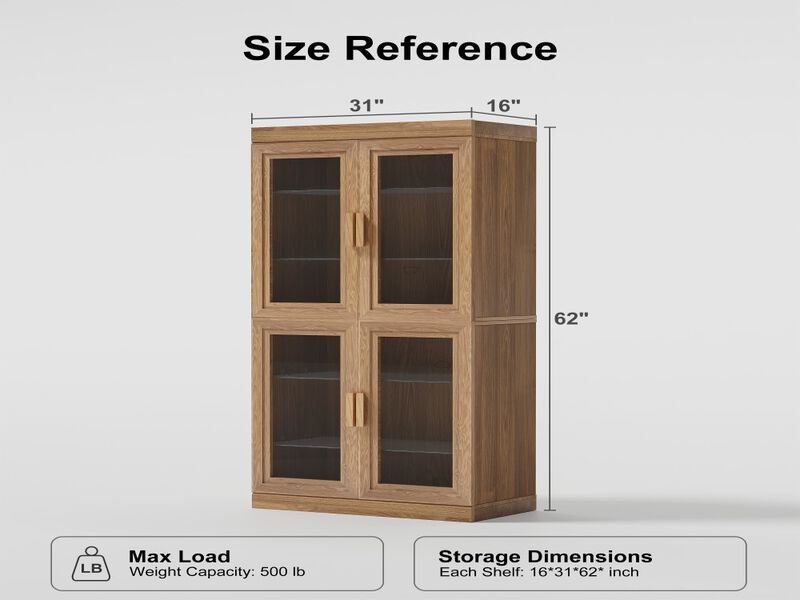 Contemporary Wooden Display Cabinet - 6 Shelf Organizer with Four Glass Doors