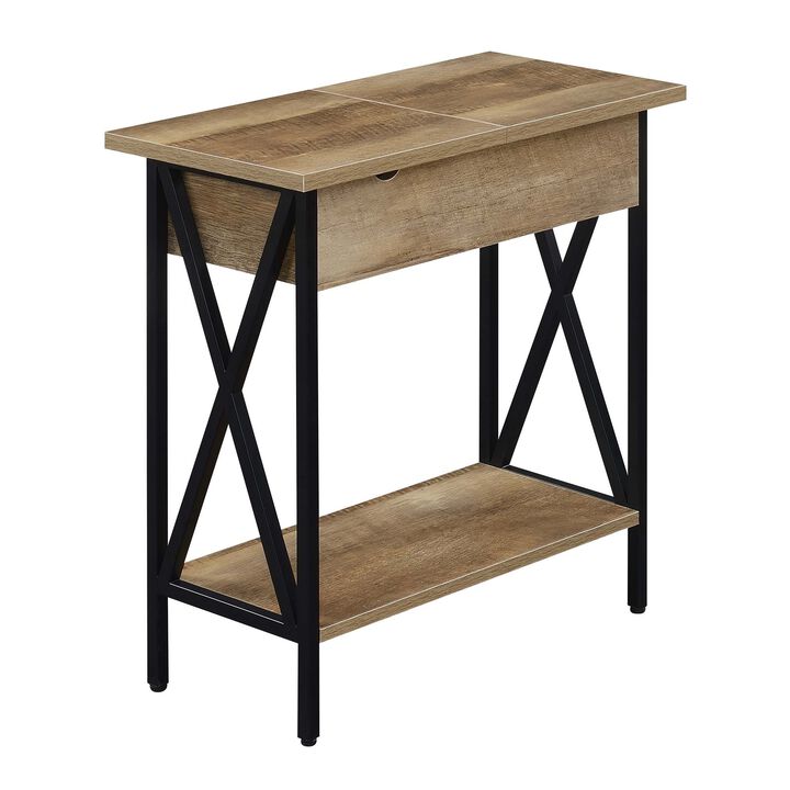 Convenience Concepts Tucson Flip Top End Table with Charging Station and Shelf, 23.75" L x 11.25" W x 24" H, Weathered Barnwood/Black
