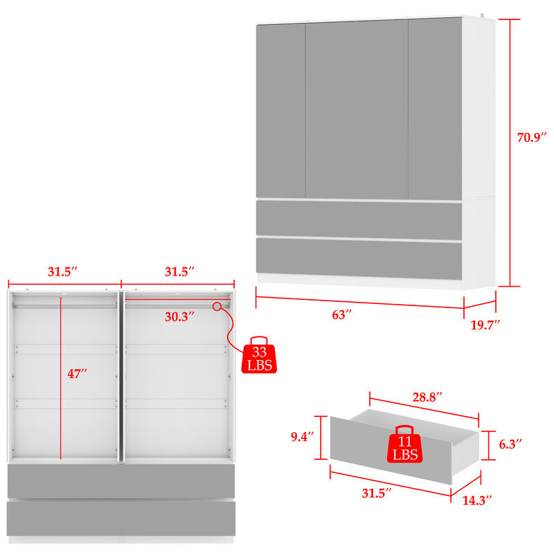 FUFU&GAGA Modern White Armoire with Full-Length Glass Mirrors &ndash; Elegant Wardrobe with Ample Storage and Robust Construction, (63" L x 19.7" W x 70.9" H),Silver