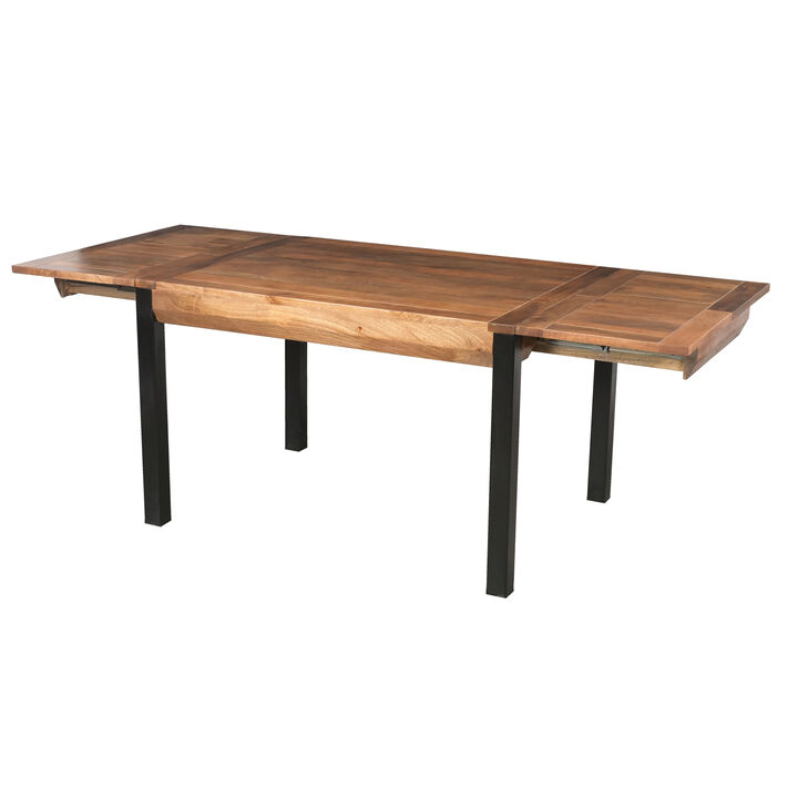 83 Inch Extendable Rectangular Dining Table, Handcrafted Mango Wood with Black Iron Legs - Benzara