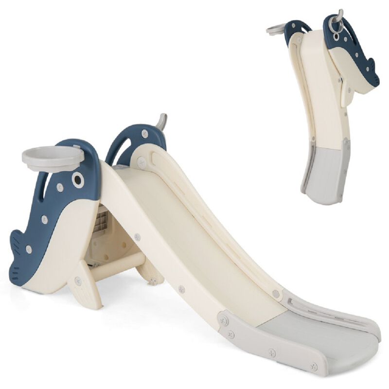 Freestanding Baby Slide Climber Set with Basketball Hoop, Foldable and Portable-Blue image number 0