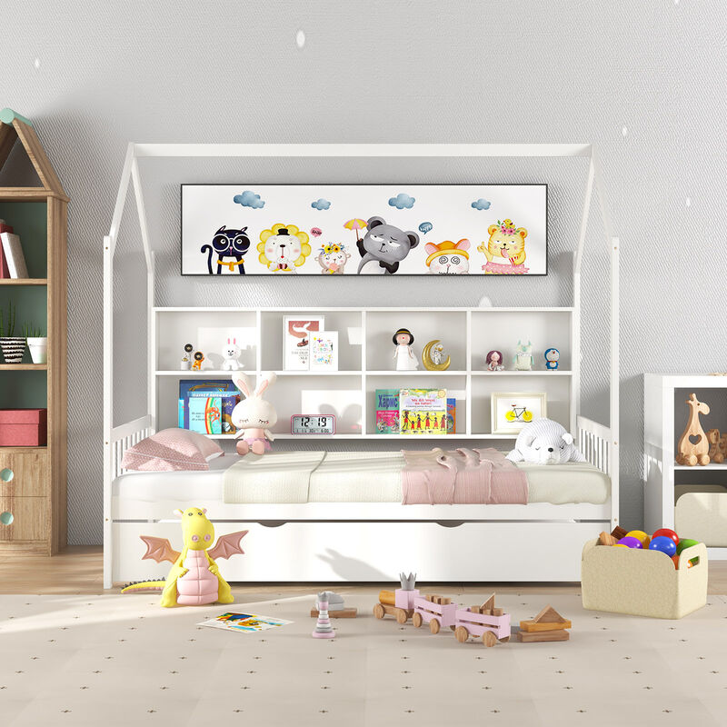 Kids Daybed with Montessori Style &ndash; Roof and Built-In Shelf Compartments for Storage