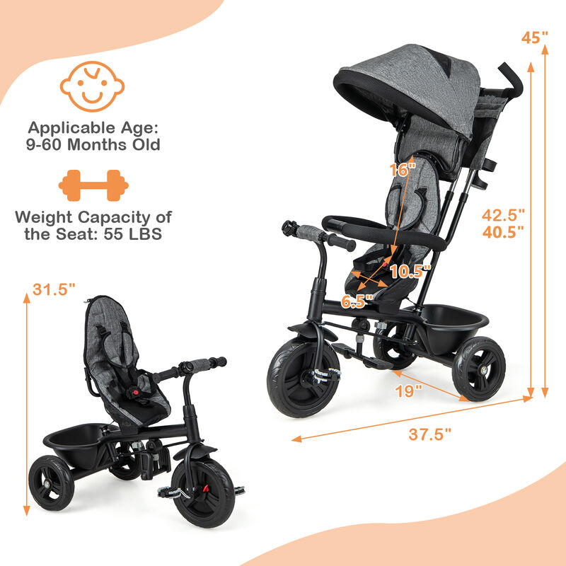 Kids Tricycle with Adjustable Push Handle and Removable Canopy for Toddlers image number 2