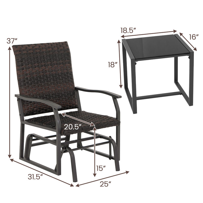 3-Piece Patio Gliding Set with All-Weather Cushions and Tempered Glass Coffee Table