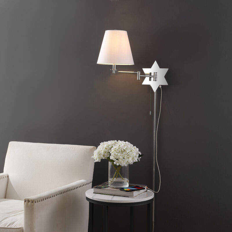 David Modern French Country Swing Arm Plug-In or Hardwired Iron LED Star Wall Sconce with Pull-Chain and USB Charging Port