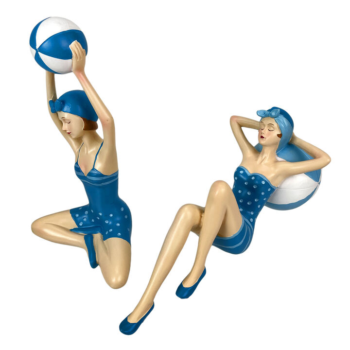 Set 2 Beach Beauties Figurines Aegean Blue Polka Dot Beachball Sunbathing Decor