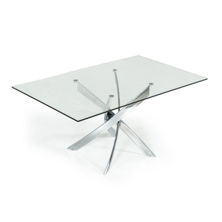 Metal and Glass Rectangular Dining Table with Entwining Legs, Silver  and Clear - Benzara