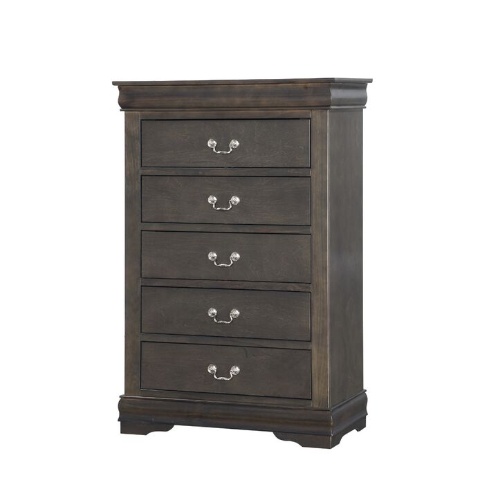 Traditional Style Five Drawer Wooden Chest with Bracket Base, Dark Gray-Benzara