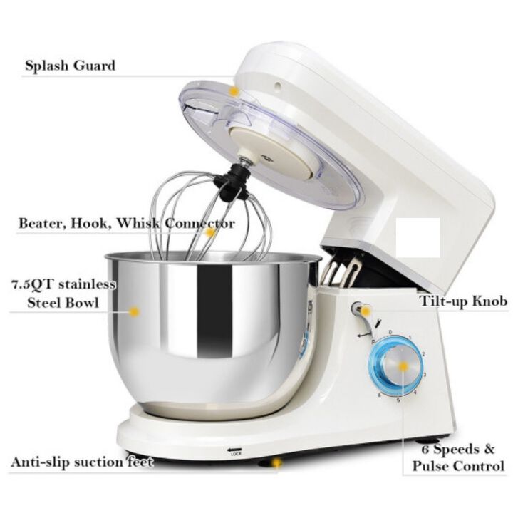 6 Speed 7.5 Qt Tilt-Head Stainless Steel Electric Food Stand Mixer-White