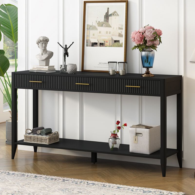 Clihome 60 Inch Console Table with 3 Wavy Drawers, Modern Entryway Table with Metal Handles and Storage Shelf