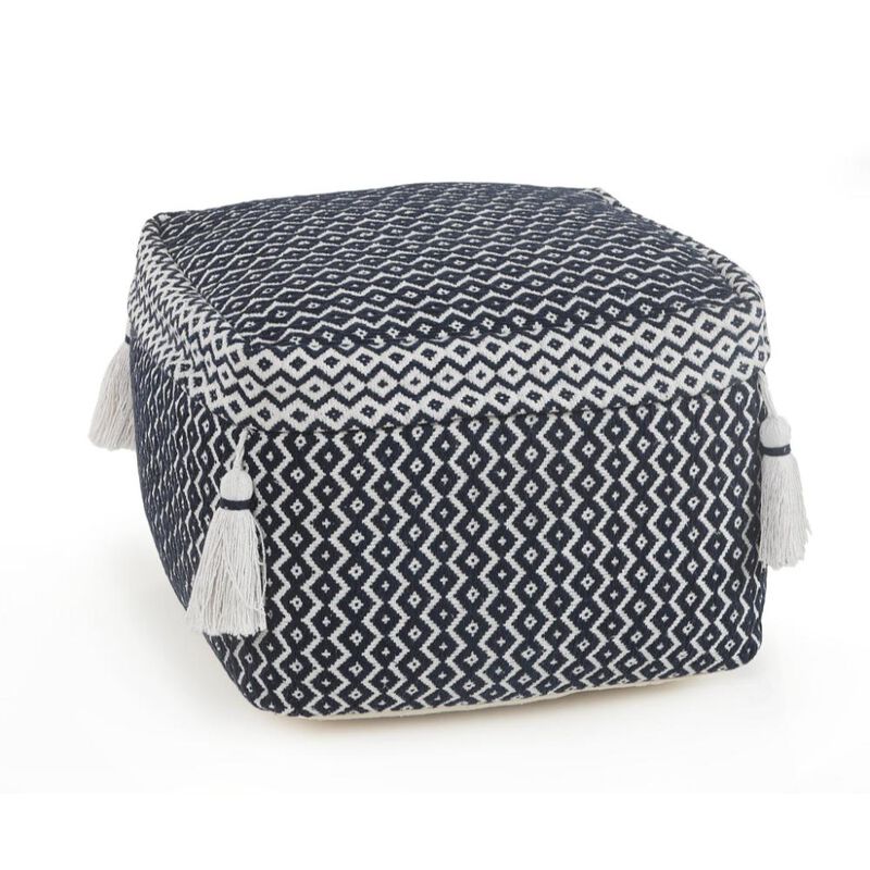 Hivvago 18 Inch Blue Cotton Geometric Pouf Ottoman