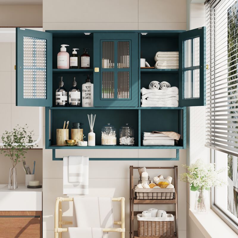 Bathroom Wall Cabinet, 3-Door Wooden Wall Cabinet with Open and Hidden Storage Space, Medicine Cabinet with Glass Door and Towel Bar image number 2