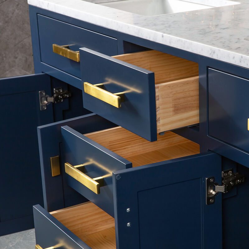 Madison 60 In. Double Sink Carrara White Marble Countertop Bath Vanity In Monarch Blue with Satin Gold Hardware